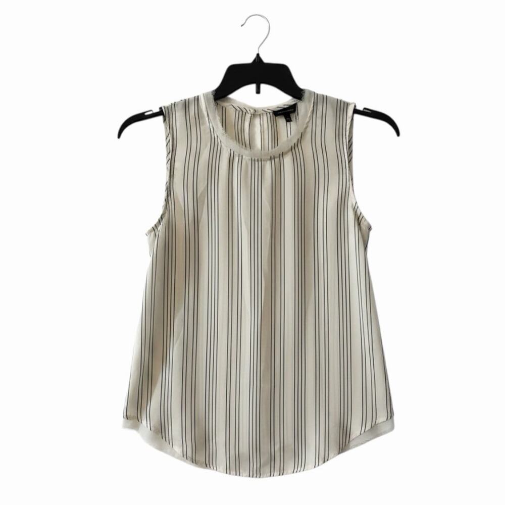 WHO WHAT WEAR Striped Sleeveless Blouse Cream Black Frayed Trim Top Round Neck M